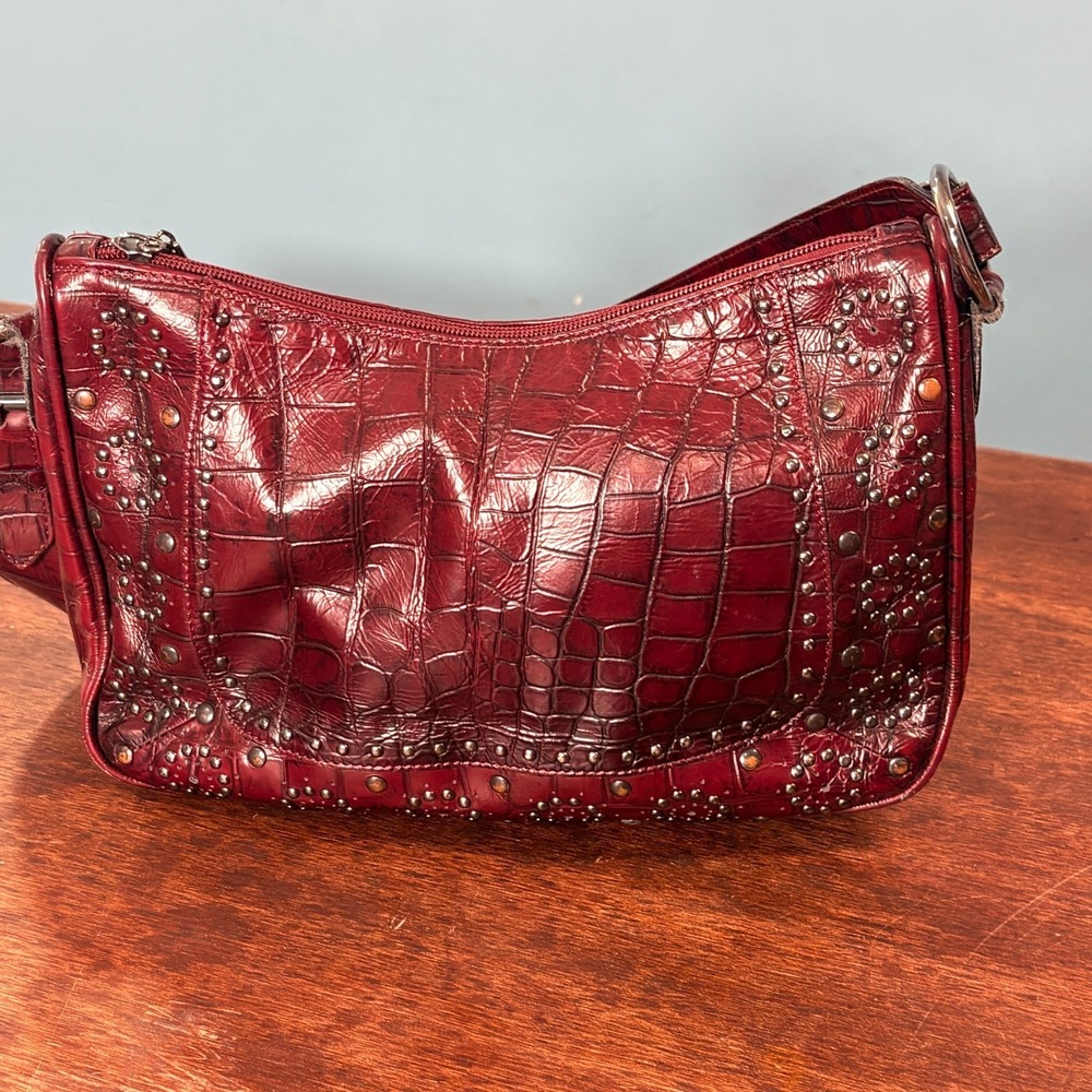 Berge Italy Burgundy Leather Croc Shoulder Bag Studded Purse Y2K Boho Western - Picture 6 of 11